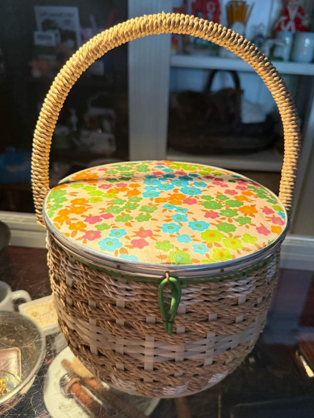 Woven Round Basket Sewing Basket with Floral Fabric Lid